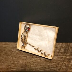 Metal Alien Corkscrew Bottle Opener Vintage Brass Silver Red Eyes